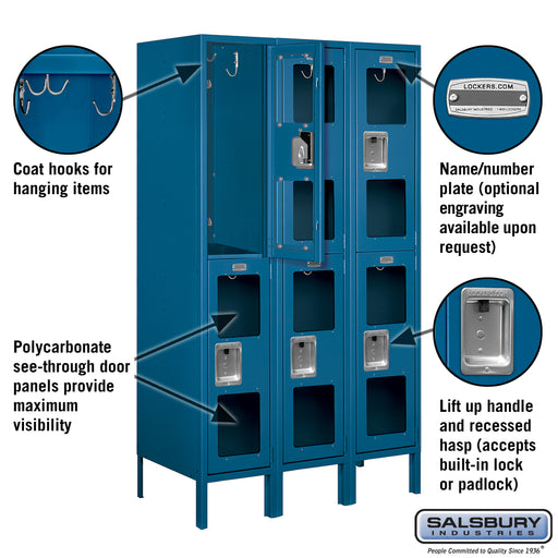 Salsbury 12" Wide Double Tier See-Through Metal Locker - 3 Wide - 5 Feet High - 18 Inches Deep - Blue - Unassembled - Sweatfully