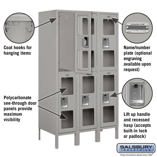 Salsbury 12" Wide Double Tier See-Through Metal Locker - 3 Wide - 5 Feet High - 18 Inches Deep - Gray - Assembled - Sweatfully