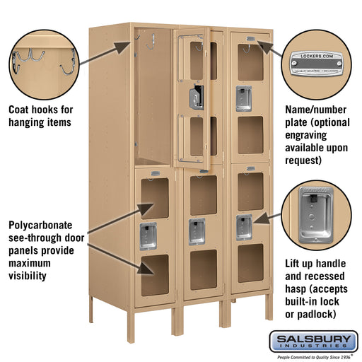 Salsbury 12" Wide Double Tier See-Through Metal Locker - 3 Wide - 5 Feet High - 18 Inches Deep - Tan - Assembled - Sweatfully