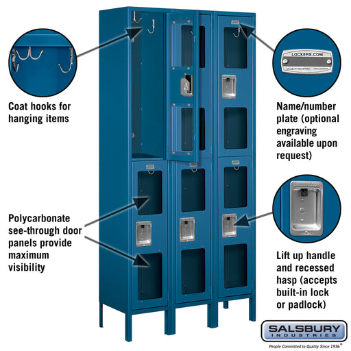 Salsbury 12" Wide Double Tier See-Through Metal Locker - 3 Wide - 6 Feet High - 12 Inches Deep - Blue - Assembled - Sweatfully