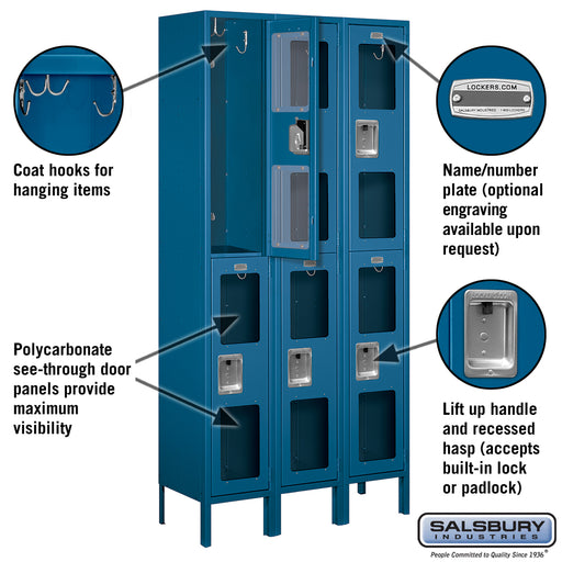Salsbury 12" Wide Double Tier See-Through Metal Locker - 3 Wide - 6 Feet High - 12 Inches Deep - Blue - Unassembled - Sweatfully