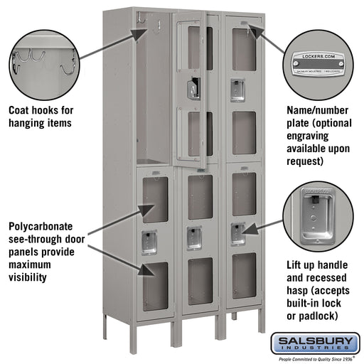 Salsbury 12" Wide Double Tier See-Through Metal Locker - 3 Wide - 6 Feet High - 12 Inches Deep - Gray - Assembled - Sweatfully