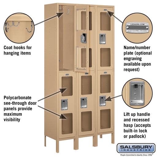 Salsbury 12" Wide Double Tier See-Through Metal Locker - 3 Wide - 6 Feet High - 12 Inches Deep - Tan - Assembled - Sweatfully