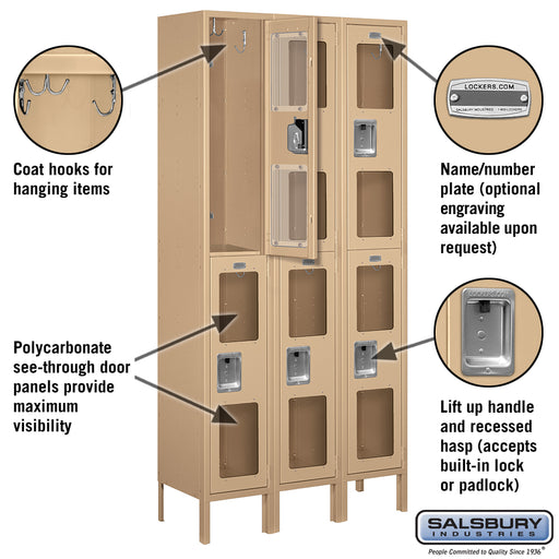 Salsbury 12" Wide Double Tier See-Through Metal Locker - 3 Wide - 6 Feet High - 12 Inches Deep - Tan - Unassembled - Sweatfully