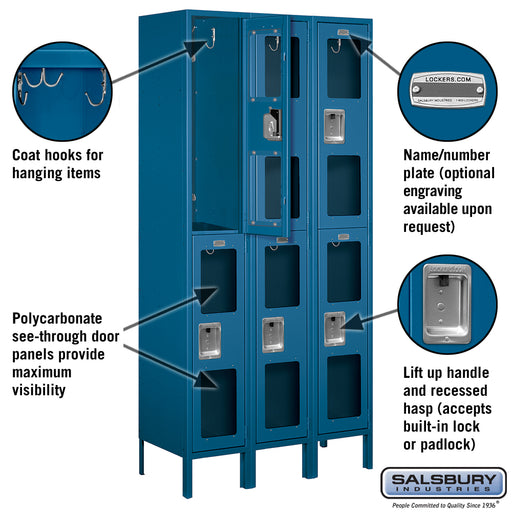 Salsbury 12" Wide Double Tier See-Through Metal Locker - 3 Wide - 6 Feet High - 15 Inches Deep - Blue - Assembled - Sweatfully