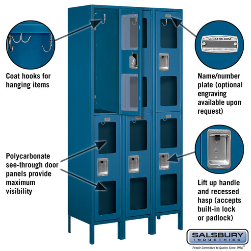 Salsbury 12" Wide Double Tier See-Through Metal Locker - 3 Wide - 6 Feet High - 15 Inches Deep - Blue - Unassembled - Sweatfully