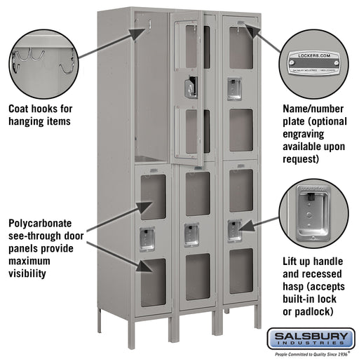 Salsbury 12" Wide Double Tier See-Through Metal Locker - 3 Wide - 6 Feet High - 15 Inches Deep - Gray - Assembled - Sweatfully