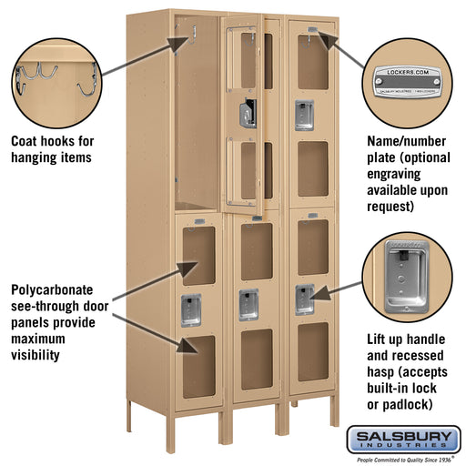 Salsbury 12" Wide Double Tier See-Through Metal Locker - 3 Wide - 6 Feet High - 15 Inches Deep - Tan - Assembled - Sweatfully