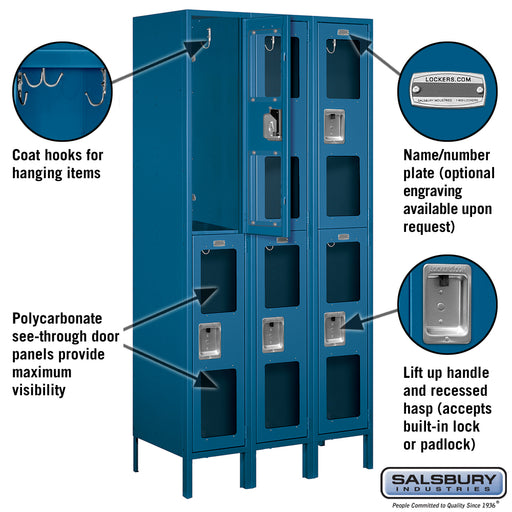 Salsbury 12" Wide Double Tier See-Through Metal Locker - 3 Wide - 6 Feet High - 18 Inches Deep - Blue - Assembled - Sweatfully
