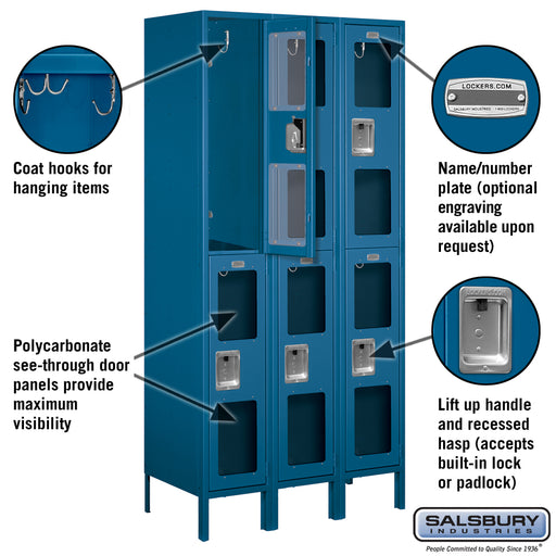 Salsbury 12" Wide Double Tier See-Through Metal Locker - 3 Wide - 6 Feet High - 18 Inches Deep - Blue - Unassembled - Sweatfully