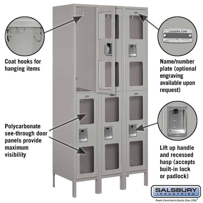 Salsbury 12" Wide Double Tier See-Through Metal Locker - 3 Wide - 6 Feet High - 18 Inches Deep - Gray - Assembled - Sweatfully