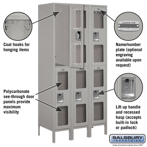 Salsbury 12" Wide Double Tier See-Through Metal Locker - 3 Wide - 6 Feet High - 18 Inches Deep - Gray - Unassembled - Sweatfully