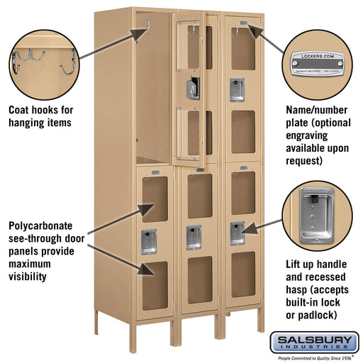 Salsbury 12" Wide Double Tier See-Through Metal Locker - 3 Wide - 6 Feet High - 18 Inches Deep - Tan - Assembled - Sweatfully
