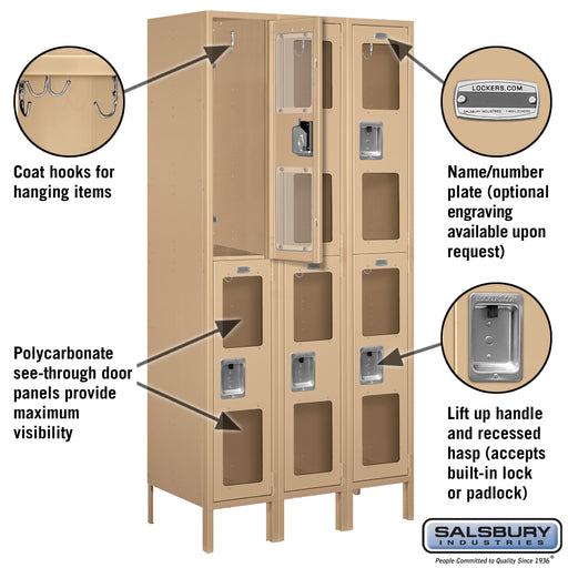 Salsbury 12" Wide Double Tier See-Through Metal Locker - 3 Wide - 6 Feet High - 18 Inches Deep - Tan - Unassembled - Sweatfully
