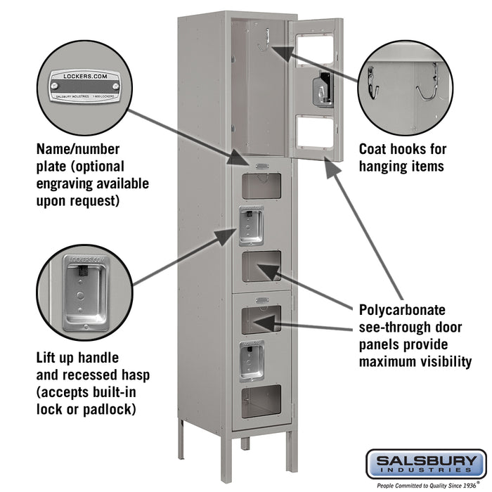 Salsbury 12" Wide Triple Tier See-Through Metal Locker - 1 Wide - 5 Feet High - 12 Inches Deep - Gray - Assembled - Sweatfully