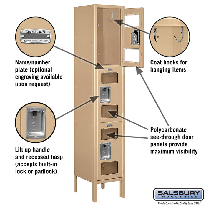 Salsbury 12" Wide Triple Tier See-Through Metal Locker - 1 Wide - 5 Feet High - 12 Inches Deep - Tan - Unassembled - Sweatfully