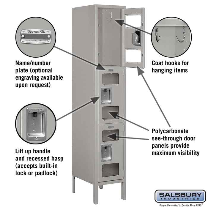 Salsbury 12" Wide Triple Tier See-Through Metal Locker - 1 Wide - 5 Feet High - 15 Inches Deep - Gray - Unassembled - Sweatfully