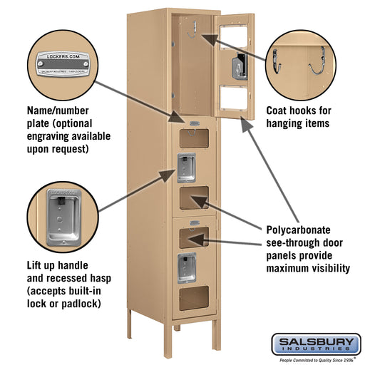 Salsbury 12" Wide Triple Tier See-Through Metal Locker - 1 Wide - 5 Feet High - 15 Inches Deep - Tan - Assembled - Sweatfully