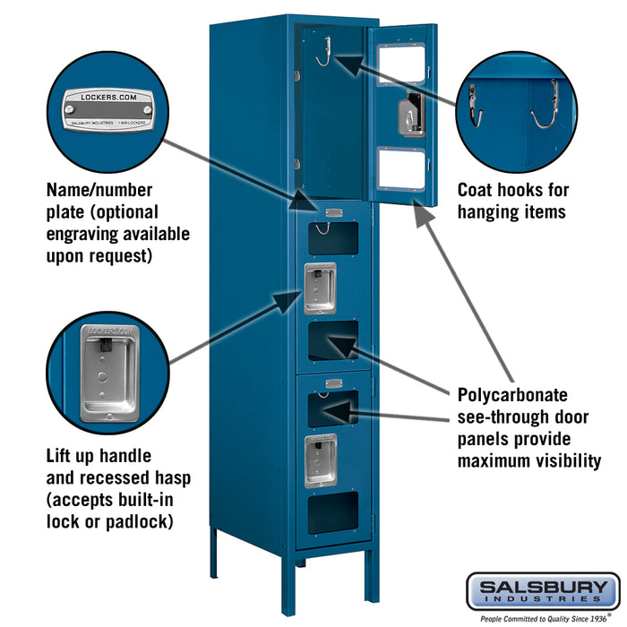 Salsbury 12" Wide Triple Tier See-Through Metal Locker - 1 Wide - 5 Feet High - 18 Inches Deep - Blue - Unassembled - Sweatfully