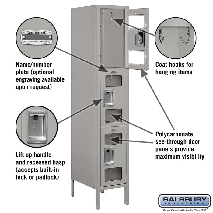 Salsbury 12" Wide Triple Tier See-Through Metal Locker - 1 Wide - 5 Feet High - 18 Inches Deep - Gray - Assembled - Sweatfully