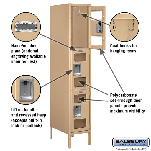 Salsbury 12" Wide Triple Tier See-Through Metal Locker - 1 Wide - 5 Feet High - 18 Inches Deep - Tan - Assembled - Sweatfully