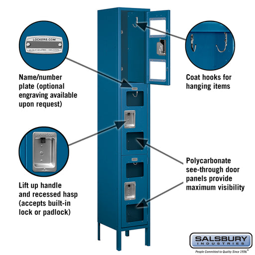 Salsbury 12" Wide Triple Tier See-Through Metal Locker - 1 Wide - 6 Feet High - 12 Inches Deep - Blue - Assembled - Sweatfully