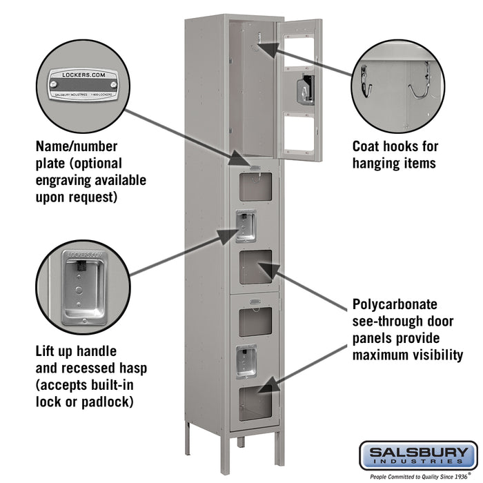 Salsbury 12" Wide Triple Tier See-Through Metal Locker - 1 Wide - 6 Feet High - 12 Inches Deep - Gray - Assembled - Sweatfully