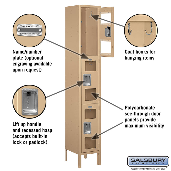 Salsbury 12" Wide Triple Tier See-Through Metal Locker - 1 Wide - 6 Feet High - 12 Inches Deep - Tan - Assembled - Sweatfully