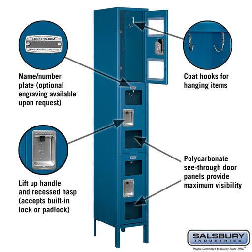 Salsbury 12" Wide Triple Tier See-Through Metal Locker - 1 Wide - 6 Feet High - 15 Inches Deep - Blue - Assembled - Sweatfully