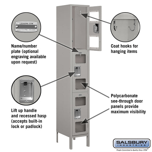 Salsbury 12" Wide Triple Tier See-Through Metal Locker - 1 Wide - 6 Feet High - 15 Inches Deep - Gray - Unassembled - Sweatfully