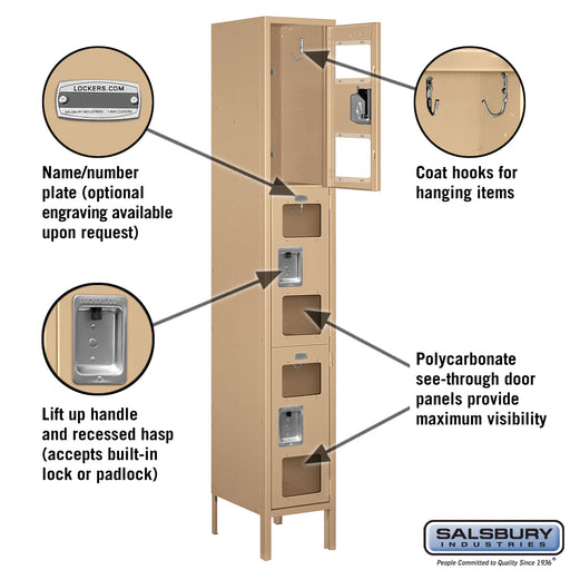Salsbury 12" Wide Triple Tier See-Through Metal Locker - 1 Wide - 6 Feet High - 15 Inches Deep - Tan - Assembled - Sweatfully