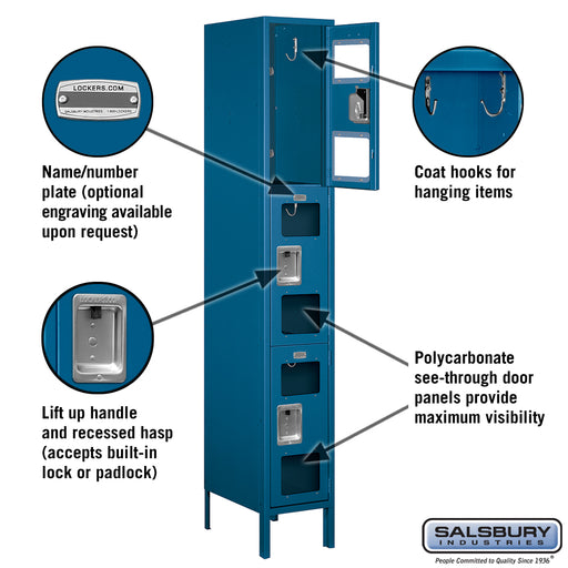 Salsbury 12" Wide Triple Tier See-Through Metal Locker - 1 Wide - 6 Feet High - 18 Inches Deep - Blue - Assembled - Sweatfully
