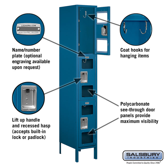 Salsbury 12" Wide Triple Tier See-Through Metal Locker - 1 Wide - 6 Feet High - 18 Inches Deep - Blue - Unassembled - Sweatfully