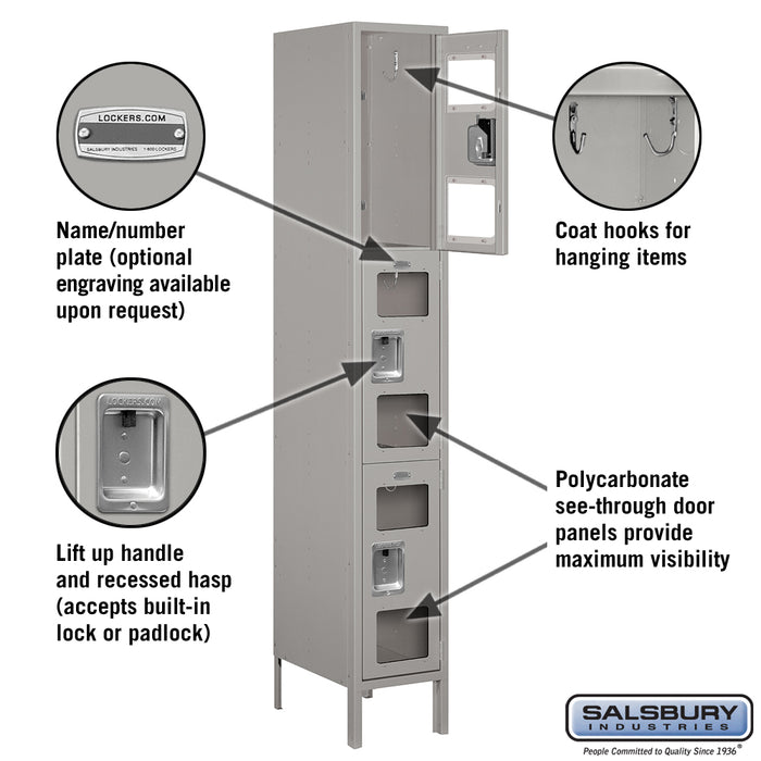 Salsbury 12" Wide Triple Tier See-Through Metal Locker - 1 Wide - 6 Feet High - 18 Inches Deep - Gray - Unassembled - Sweatfully