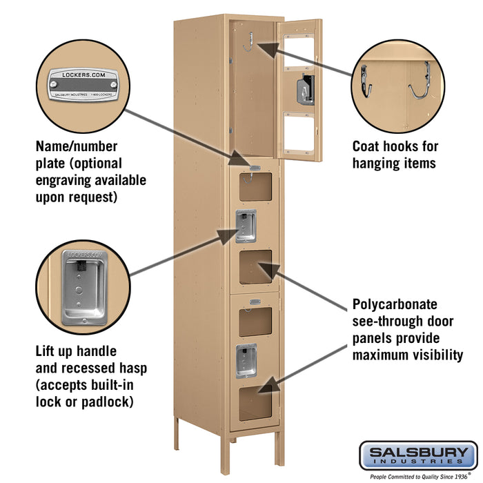 Salsbury 12" Wide Triple Tier See-Through Metal Locker - 1 Wide - 6 Feet High - 18 Inches Deep - Tan - Assembled - Sweatfully