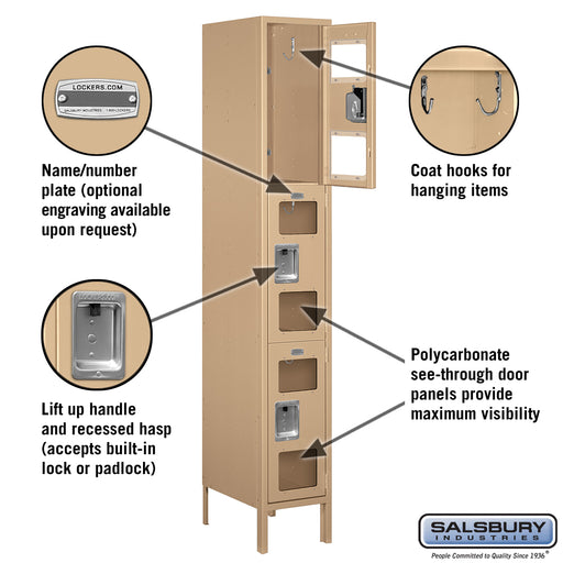 Salsbury 12" Wide Triple Tier See-Through Metal Locker - 1 Wide - 6 Feet High - 18 Inches Deep - Tan - Unassembled - Sweatfully