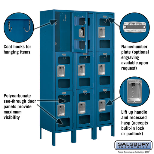 Salsbury 12" Wide Triple Tier See-Through Metal Locker - 3 Wide - 5 Feet High - 12 Inches Deep - Blue - Assembled - Sweatfully