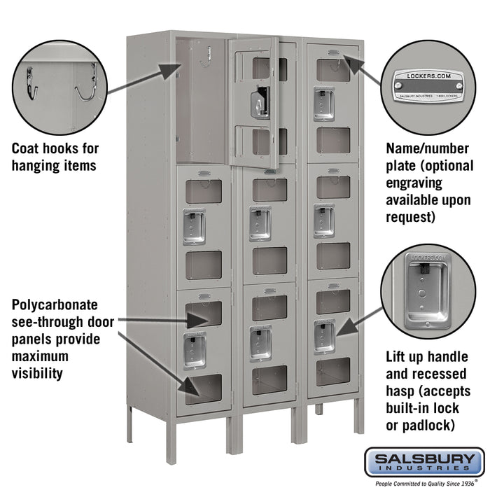 Salsbury 12" Wide Triple Tier See-Through Metal Locker - 3 Wide - 5 Feet High - 12 Inches Deep - Gray - Unassembled - Sweatfully