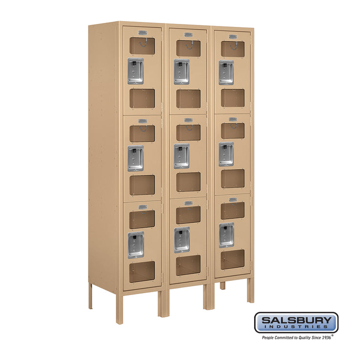 Salsbury 12" Wide Triple Tier See-Through Metal Locker - 3 Wide - 5 Feet High - 12 Inches Deep - Tan - Assembled - Sweatfully