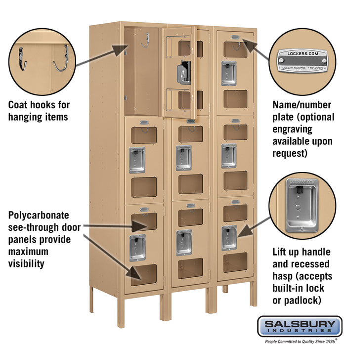 Salsbury 12" Wide Triple Tier See-Through Metal Locker - 3 Wide - 5 Feet High - 12 Inches Deep - Tan - Unassembled - Sweatfully