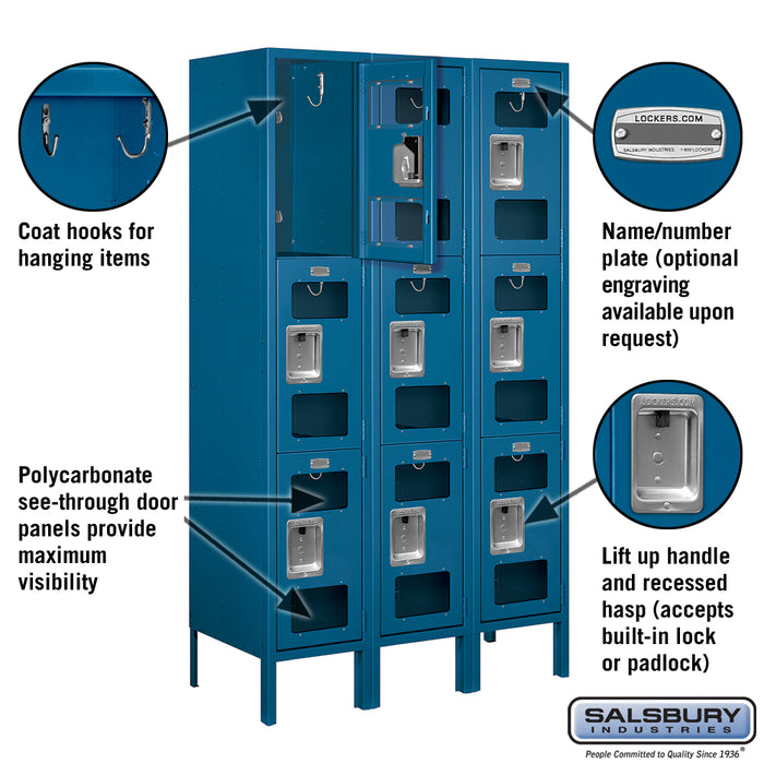 Salsbury 12" Wide Triple Tier See-Through Metal Locker - 3 Wide - 5 Feet High - 15 Inches Deep - Blue - Assembled - Sweatfully