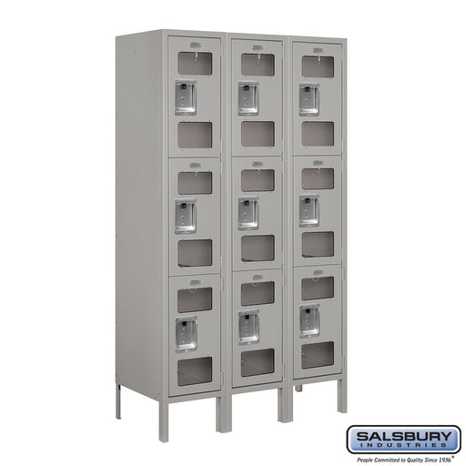 Salsbury 12" Wide Triple Tier See-Through Metal Locker - 3 Wide - 5 Feet High - 15 Inches Deep - Gray - Assembled - Sweatfully