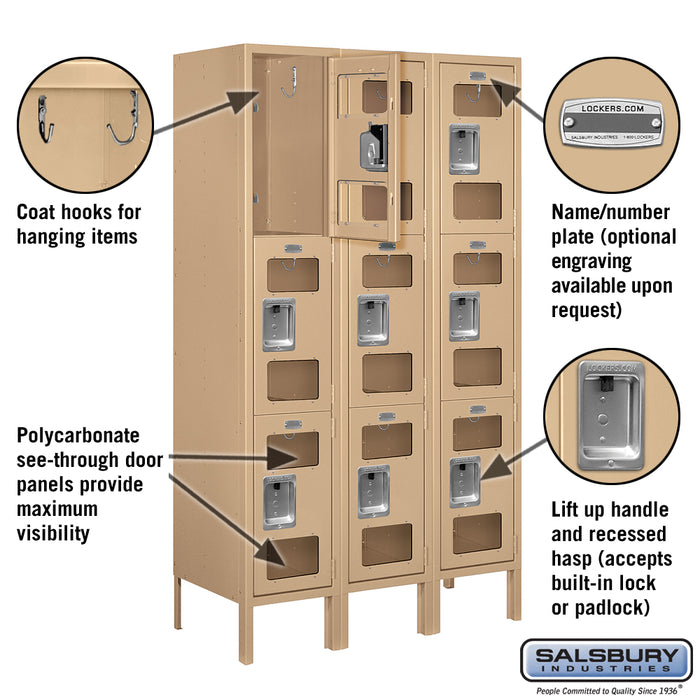 Salsbury 12" Wide Triple Tier See-Through Metal Locker - 3 Wide - 5 Feet High - 15 Inches Deep - Tan - Assembled - Sweatfully