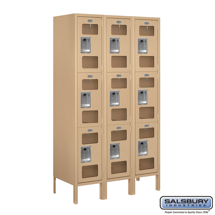 Salsbury 12" Wide Triple Tier See-Through Metal Locker - 3 Wide - 5 Feet High - 15 Inches Deep - Tan - Assembled - Sweatfully