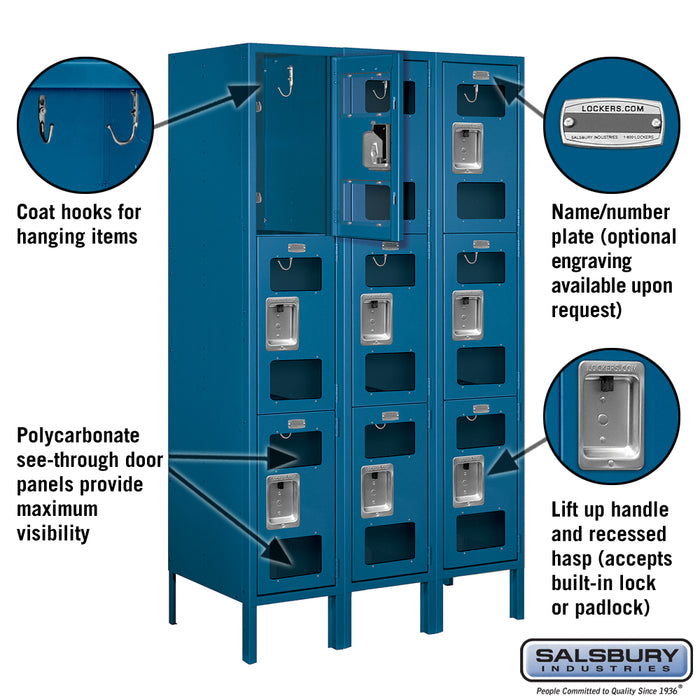 Salsbury 12" Wide Triple Tier See-Through Metal Locker - 3 Wide - 5 Feet High - 18 Inches Deep - Blue - Assembled - Sweatfully