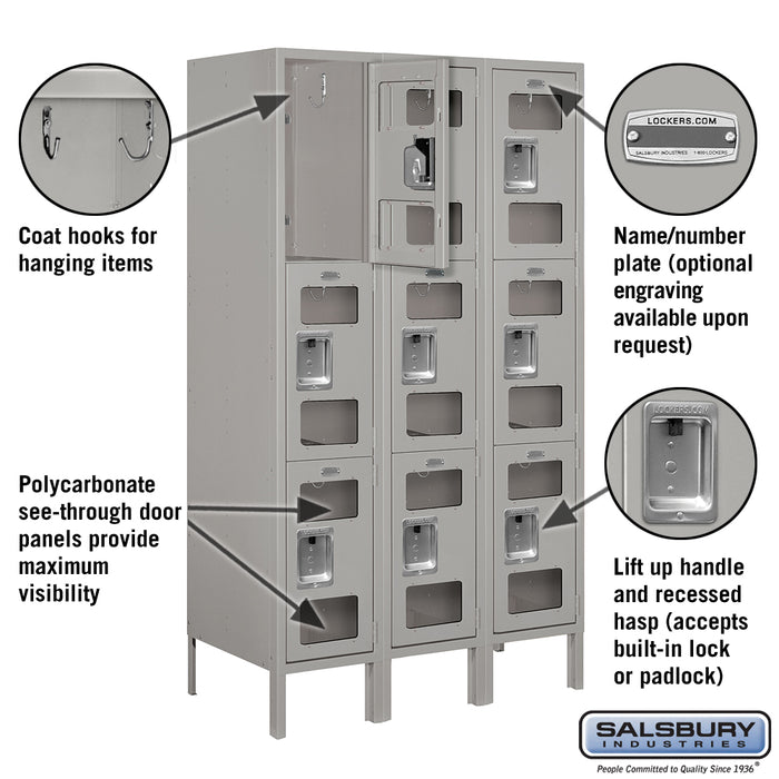 Salsbury 12" Wide Triple Tier See-Through Metal Locker - 3 Wide - 5 Feet High - 18 Inches Deep - Gray - Assembled - Sweatfully