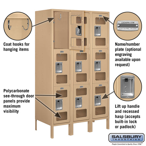 Salsbury 12" Wide Triple Tier See-Through Metal Locker - 3 Wide - 5 Feet High - 18 Inches Deep - Tan - Assembled - Sweatfully