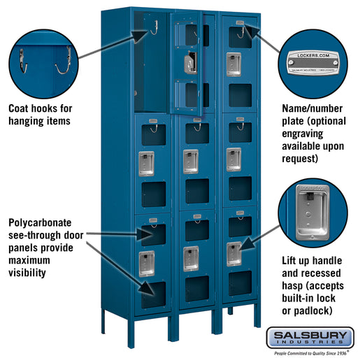 Salsbury 12" Wide Triple Tier See-Through Metal Locker - 3 Wide - 6 Feet High - 12 Inches Deep - Blue - Assembled - Sweatfully