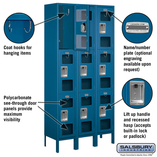 Salsbury 12" Wide Triple Tier See-Through Metal Locker - 3 Wide - 6 Feet High - 12 Inches Deep - Blue - Unassembled - Sweatfully