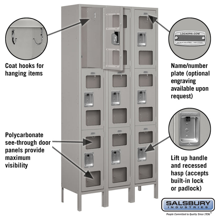 Salsbury 12" Wide Triple Tier See-Through Metal Locker - 3 Wide - 6 Feet High - 12 Inches Deep - Gray - Unassembled - Sweatfully